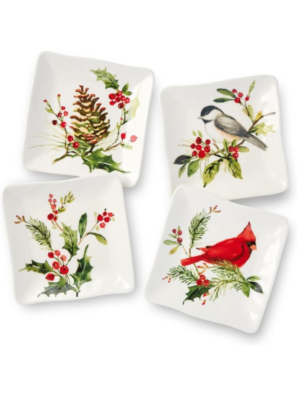 Set of 4 Stoneware Christmas Canape Plates - Holiday Appetizer Dish with Birds